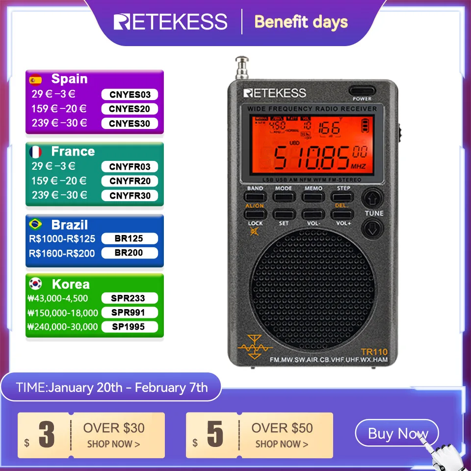 Retekess TR110 Radio FM Receiver Portable SSB Shortwave Radios AM FM All Waves Band CB AIR Band Ham Radio SW MW LSB VHF UHF