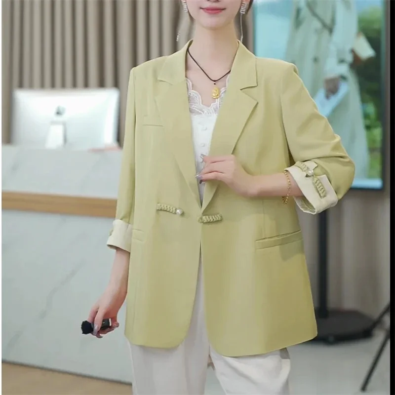 Blazer retrô três quartos de mangas para mulheres, terno justo para senhoras, jaqueta fina, tops casuais, estilo coreano, novo para primavera e verão