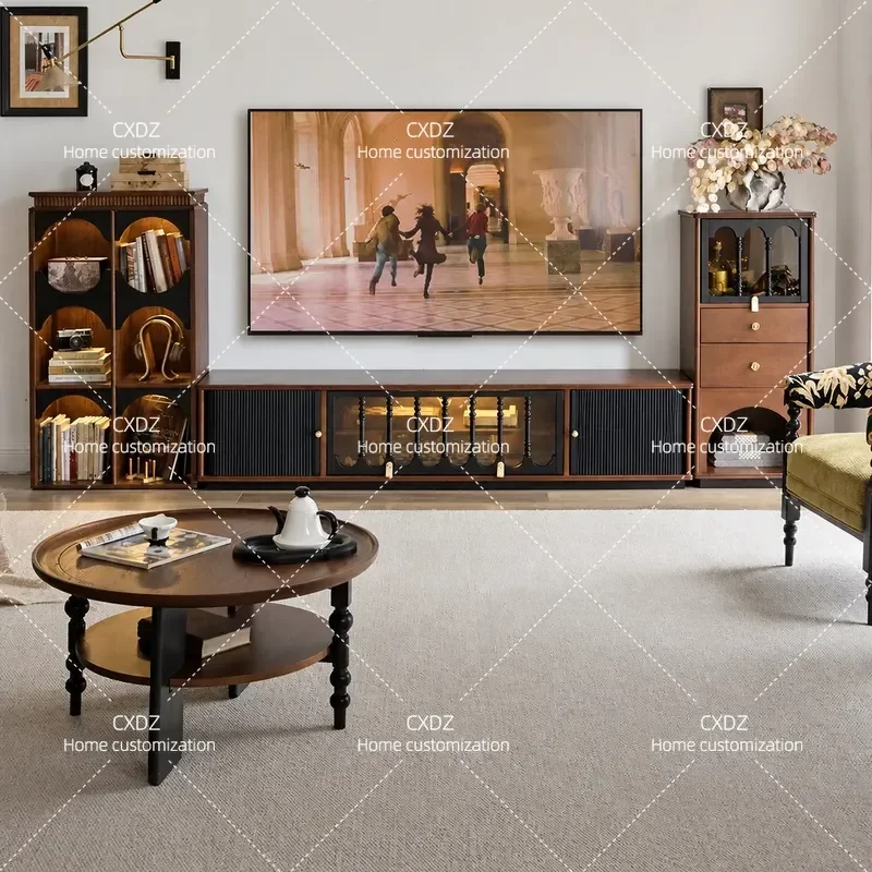 Retro Solid Wood TV Cabinet Antique Storage Integrated Living Room Home Telescopic Floor Cabinet