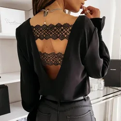 Fashion V-neck Long Sleeve Shirt, Hollow Out Back Lace Stitching Pullover, Black Blouse, Chic , Sexy, Elegant Women Tops 12460