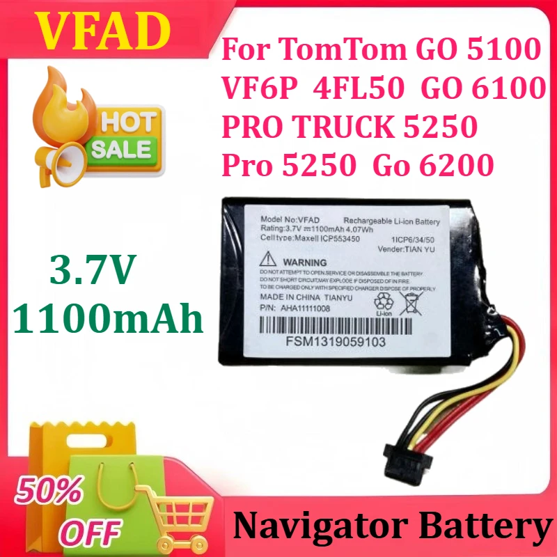 New 3.7V 1100mAh for TomTom VFAD GO 5100, VF6P, 4FL50, GO 6100, PRO TRUCK 5250, Pro 5250, Go 6200 Navigator Battery