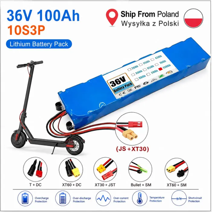 NEUER 36V 100Ah 18650 Wiederaufladbarer Lithium-Akku 10S3P 500W Hochleistungs-Akku für Modifizierte Fahrräder, Roller und Elektrofahrzeuge mit BMS