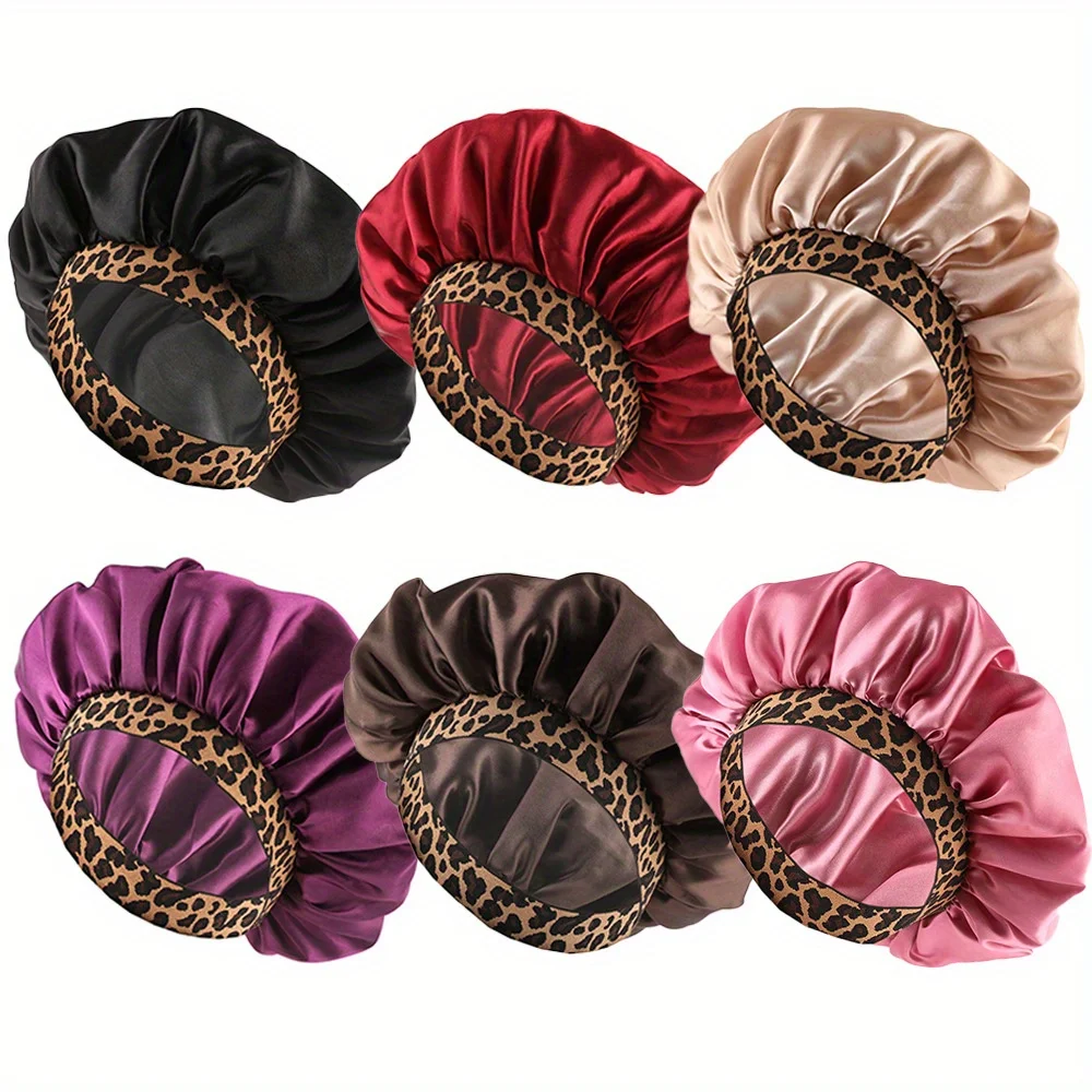 

6 PCS High Stretch Leopard-print Elastic Nightcap Single Colored Tee Cap Fashion Women's Chemo Cap Hair Cap