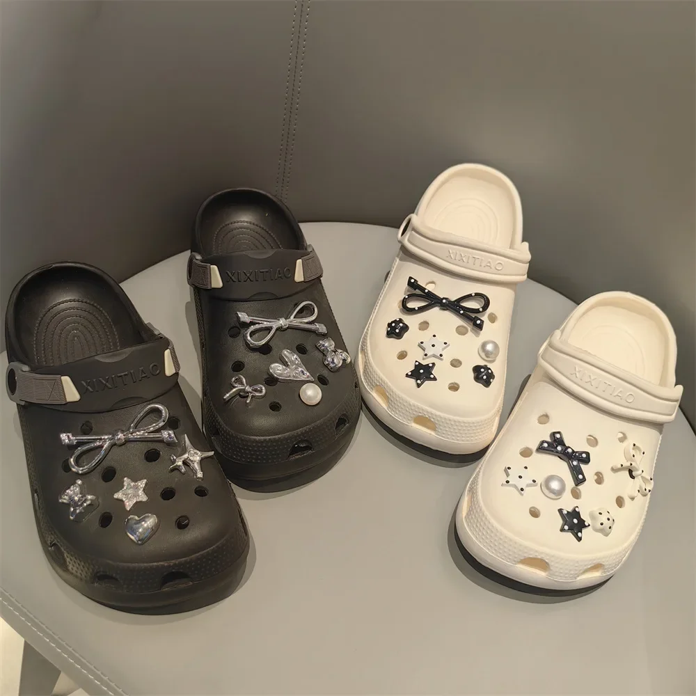 Set DIY Bow Star Pearl Shoe Decorations Silver Advanced Black White Dot Shoe Charms Detachable Buckle Shoes Accessories 1 Set image 4