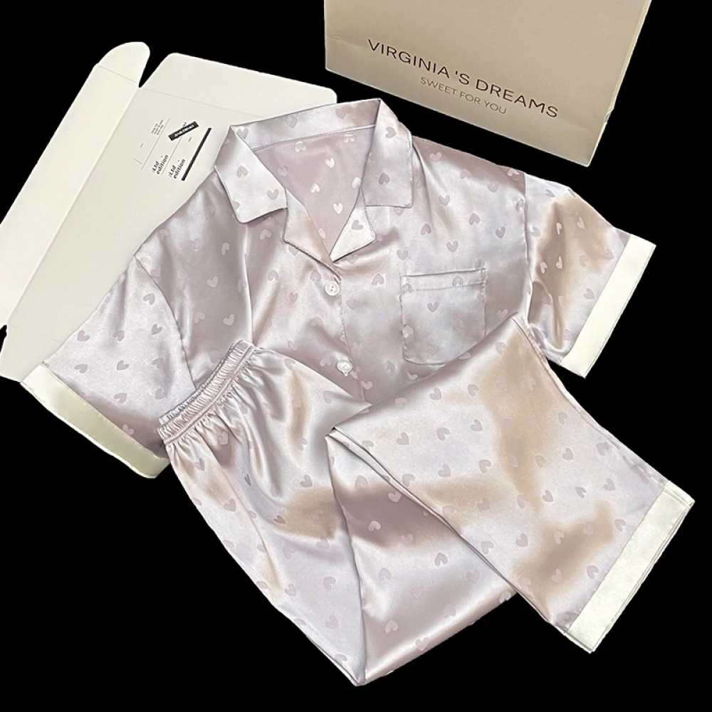 Classic Heart Jacquard Women's House Pajama Sets Short Sleeve Long Pant Simulated Silk Homewear 2024 New Spring/summer Sleepwear