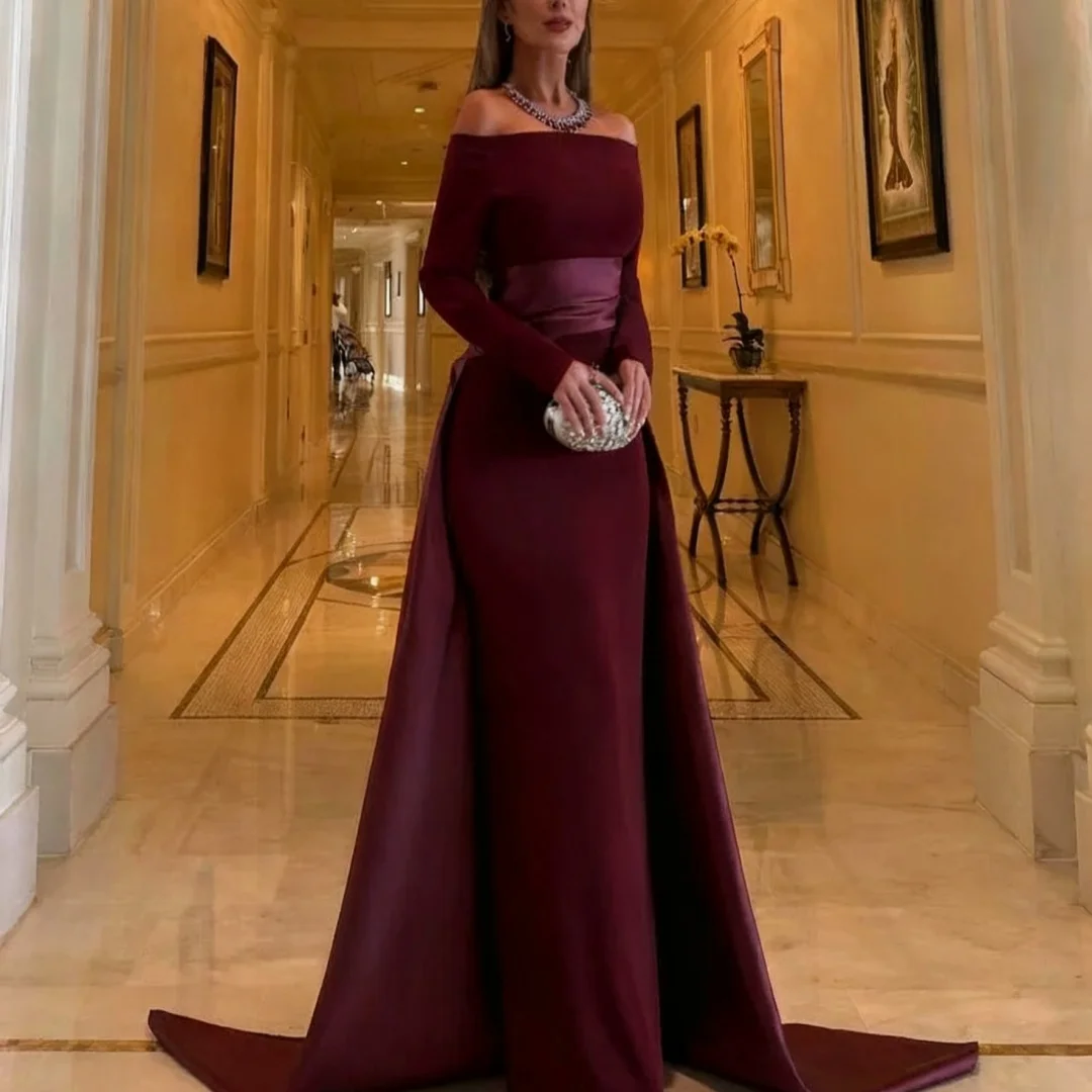 カスタムメイドのサテンボートネックファッションフォーマルイブニングドレス、誕生日パーティー、プロムガウン（女性用）