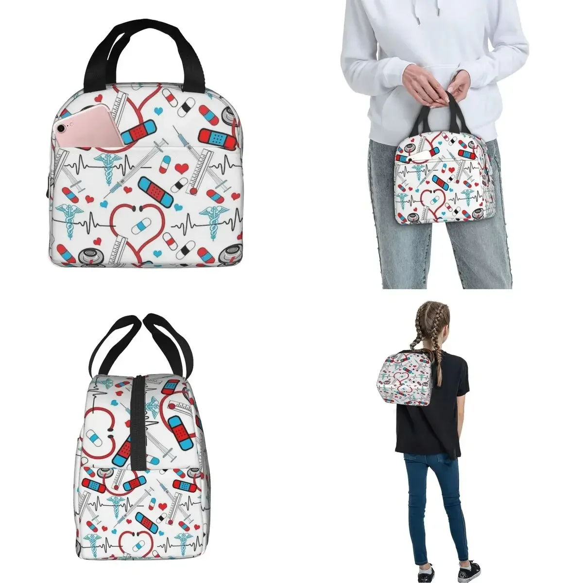 Isolierte Lunchtaschen mit Stethoskop, Krankenschwester, Arzt, EKG-Muster, wiederverwendbare Kühltasche, Tragetasche, Lunchbox, Büro, Picknick, Lebensmittelaufbewahrung