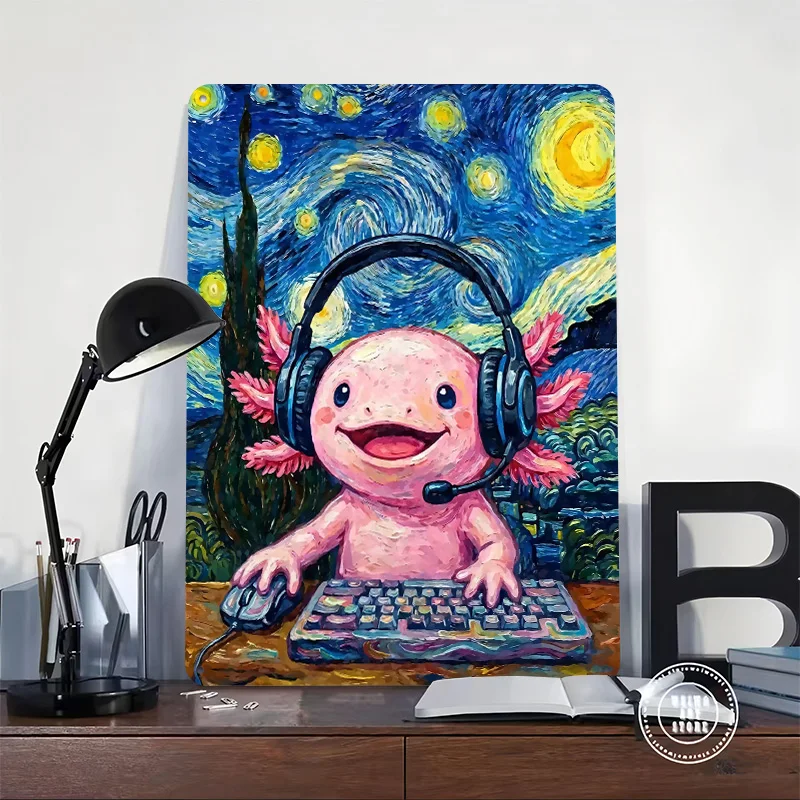 Axolotl PC Gamer Starry Night P Printed Poster Customized Wall Art Retro Vintage Metal Tin Signs for Gamer Office Decoration