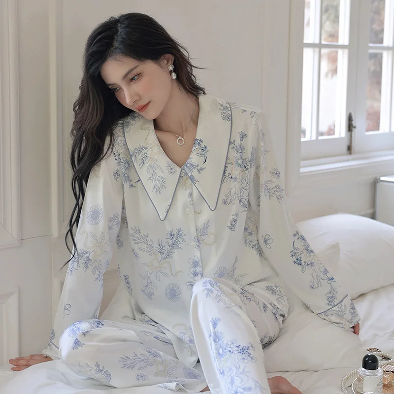 New Silk Satin Sleepwear Women Fresh Blue White Pajamas Set Spring Summer Home Clothes Long Sleeve Pant Suit Pyjama Femme