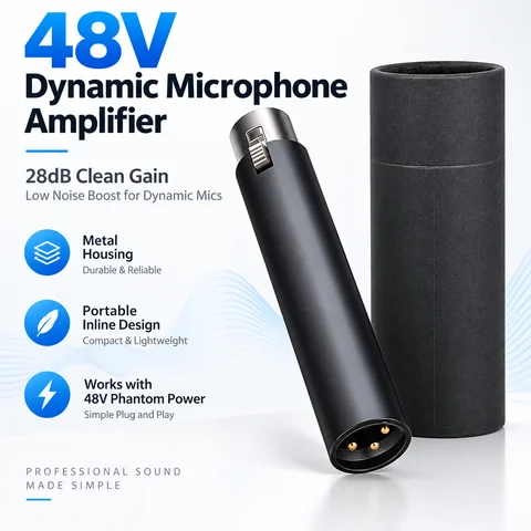 48V Dynamic Microphone Preamp 28dB Gain Booster XLR Inline Mic Amplifier Low Noise for Audio Interface Mixer Sound Card