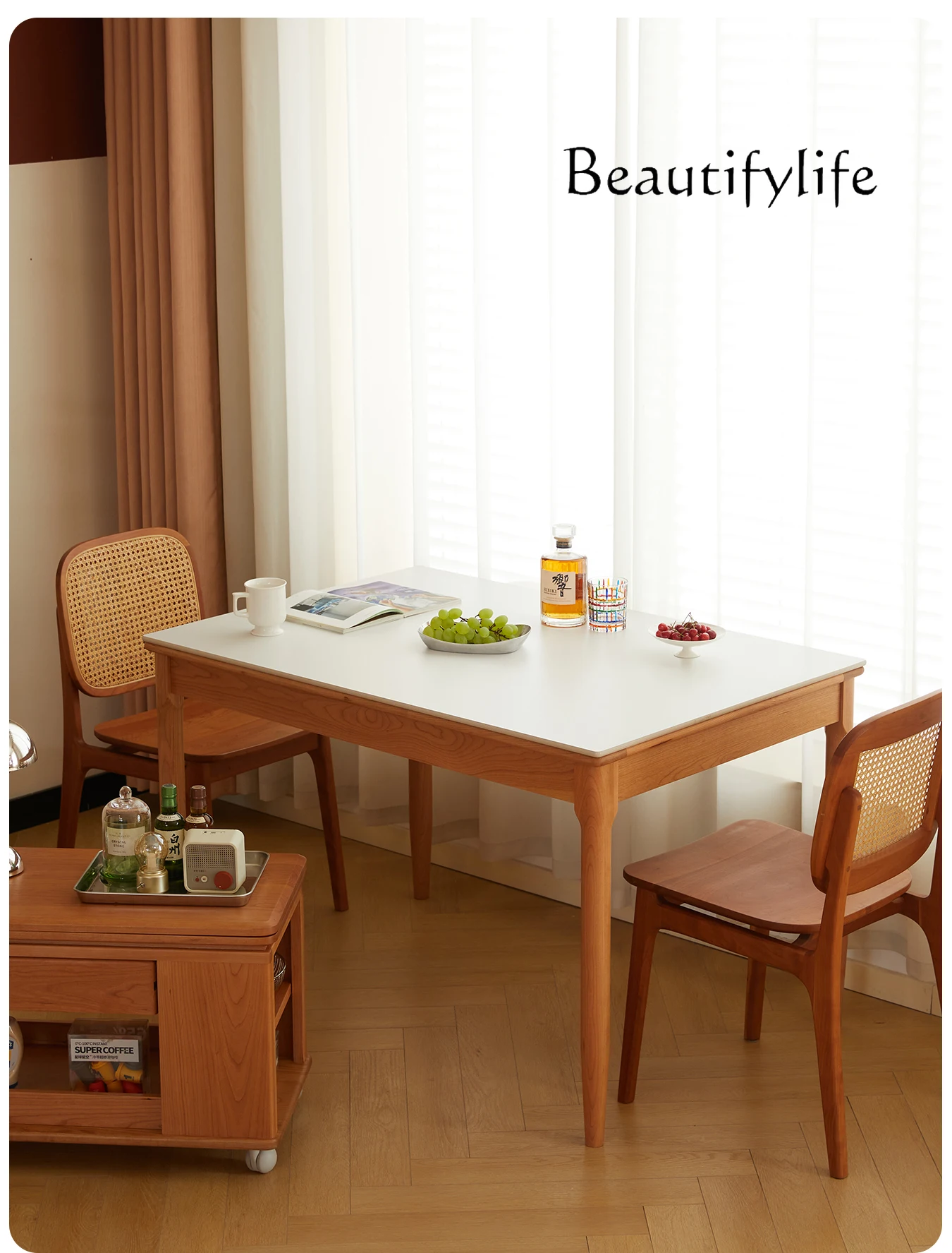 Solid wood rock slab dining table retractable Japanese log household small apartment restaurant cherry wood folding dining table