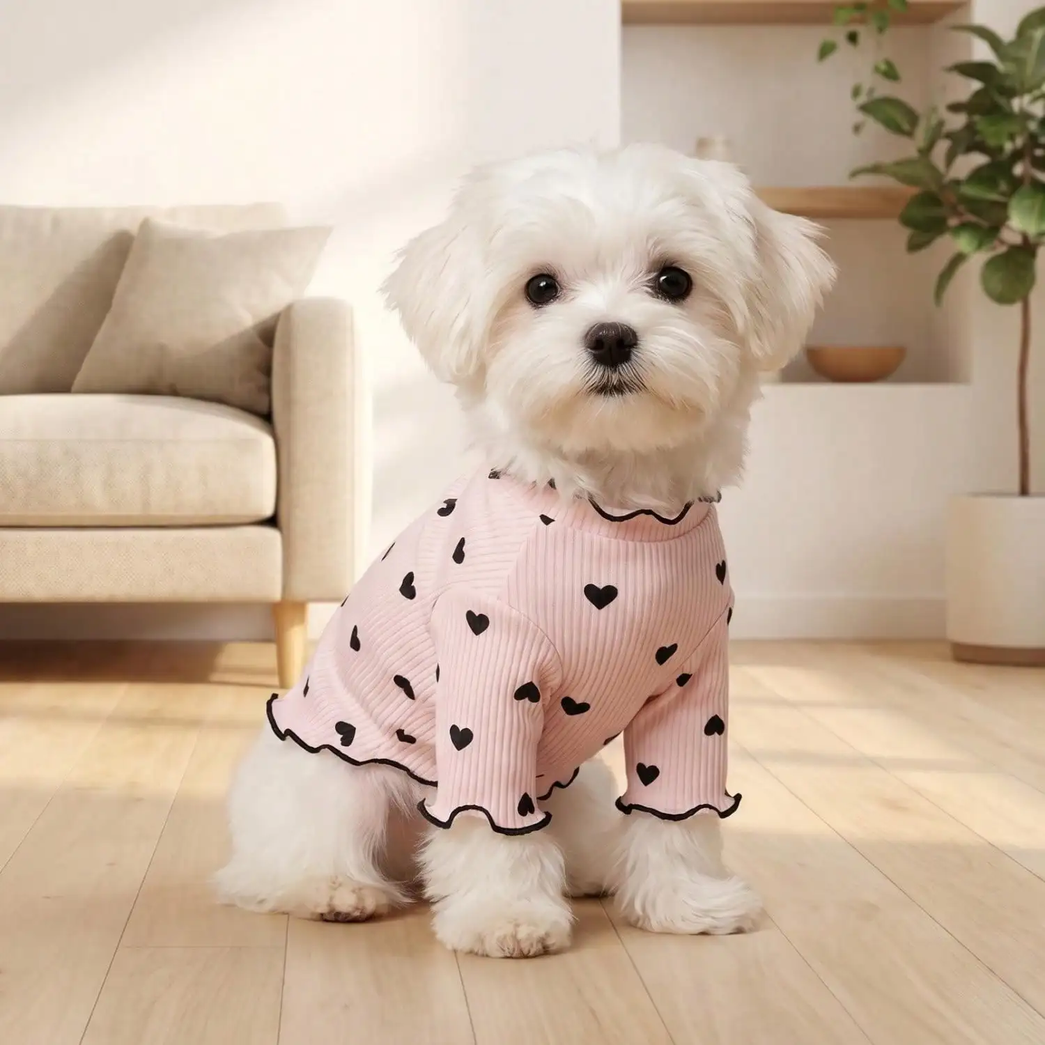 Geripptes Haustier-T-Shirt mit Herz- und Schleifendruck und Rüschenbesatz für kleine Hunde und Katzen – Detail 33