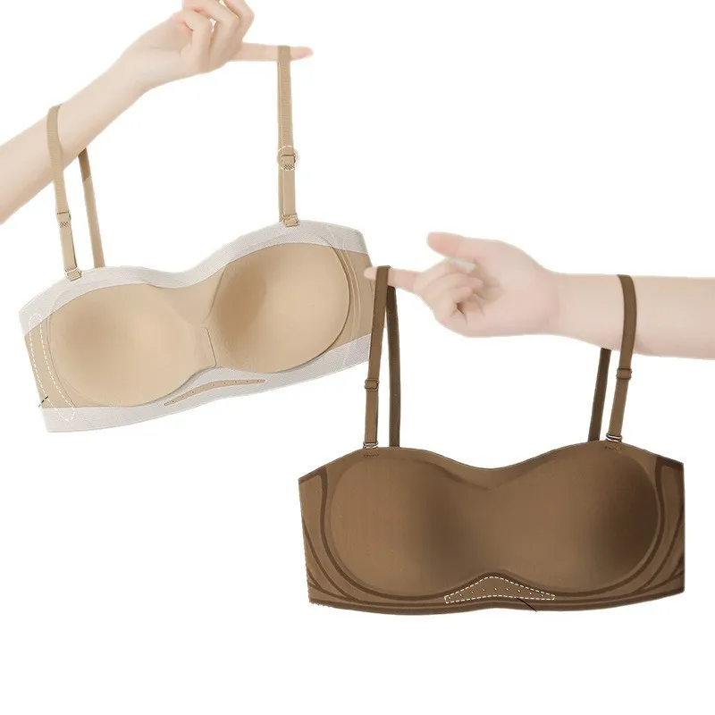 

2025 Нескользящий бюстгальтер без бретелек в желейную полоску, женский бесшовный бюстгальтер со сборками на груди, небольшая грудь, большой бюстгальтер с несколькими способами ношения