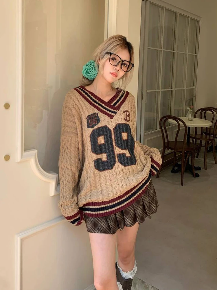 REDDACHiC Number #99 Cable Knit Sweater Women V-neck Color Block Stripes Pullover Oversize Jumper Top Retro Fall Winter Clothes