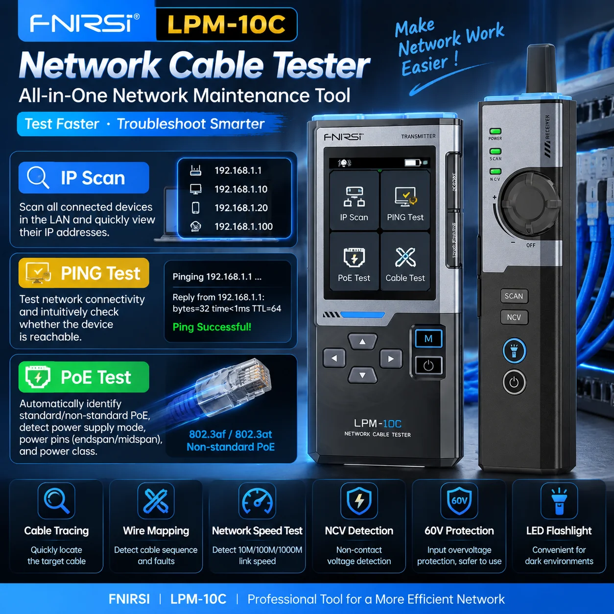 FNIRSI LPM-10C/LPM-10A  LAN Ethernet Cable Tester Toner Wire Tracker IP Scan PING PoE Tester RJ45 Wiremap Length 1Gbps NCV - view 3