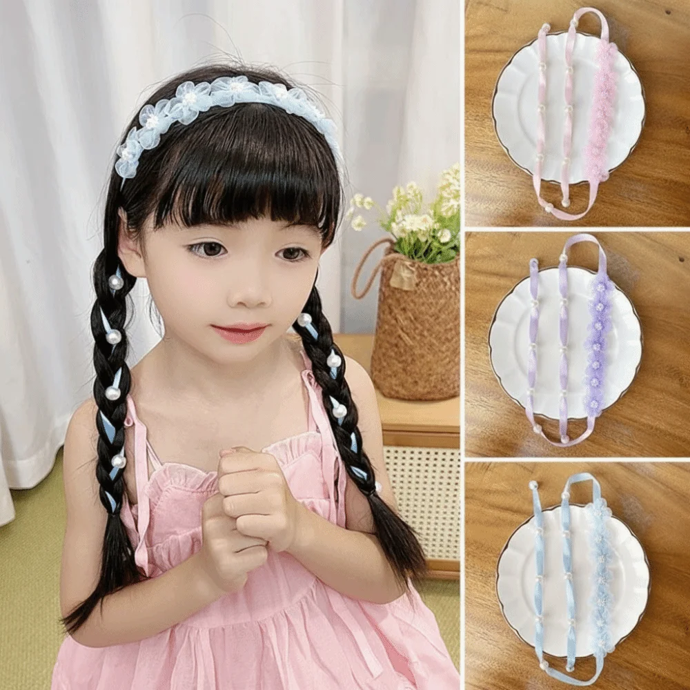 

Tulle Flower Fairy Braided Headband Sweet Design Chinese Style Floral Headband Snow Yarn Solid Color Imitation Pearl Headband