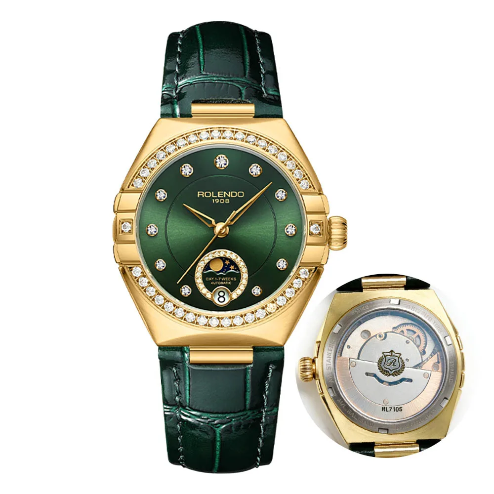

ROLENDO Women's Automatic Mechanical Watch, Day/Night Indicator, Date, Calf Leather Strap, Green Dial, 33mm