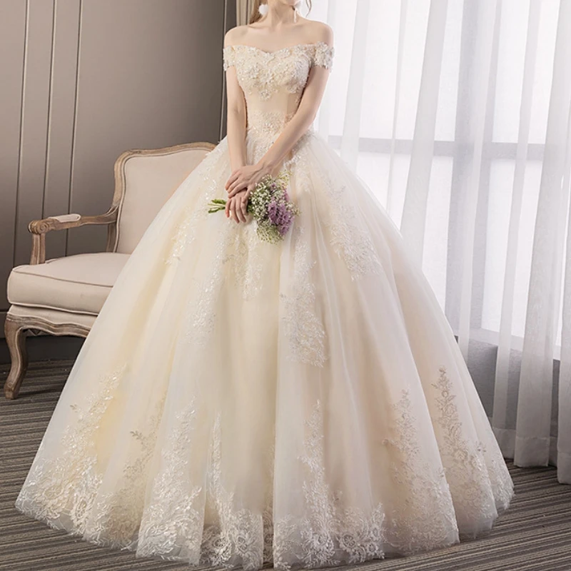 Aa34 feito sob encomenda luz champanhe princesa vestidos de casamento vestido de baile fora do ombro renda applique espartilho vestido de noiva robe de soiree