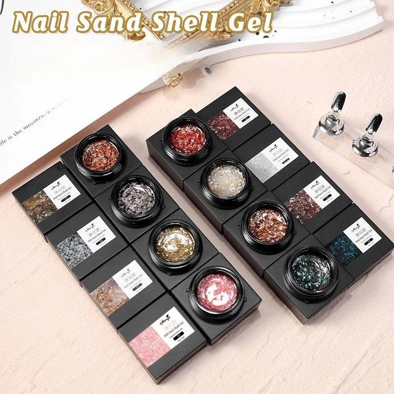 8pc Sand shell nail gel nail polish glue nail art ice transparent color popular color laser flash easy apply Daily Festivals 5ml