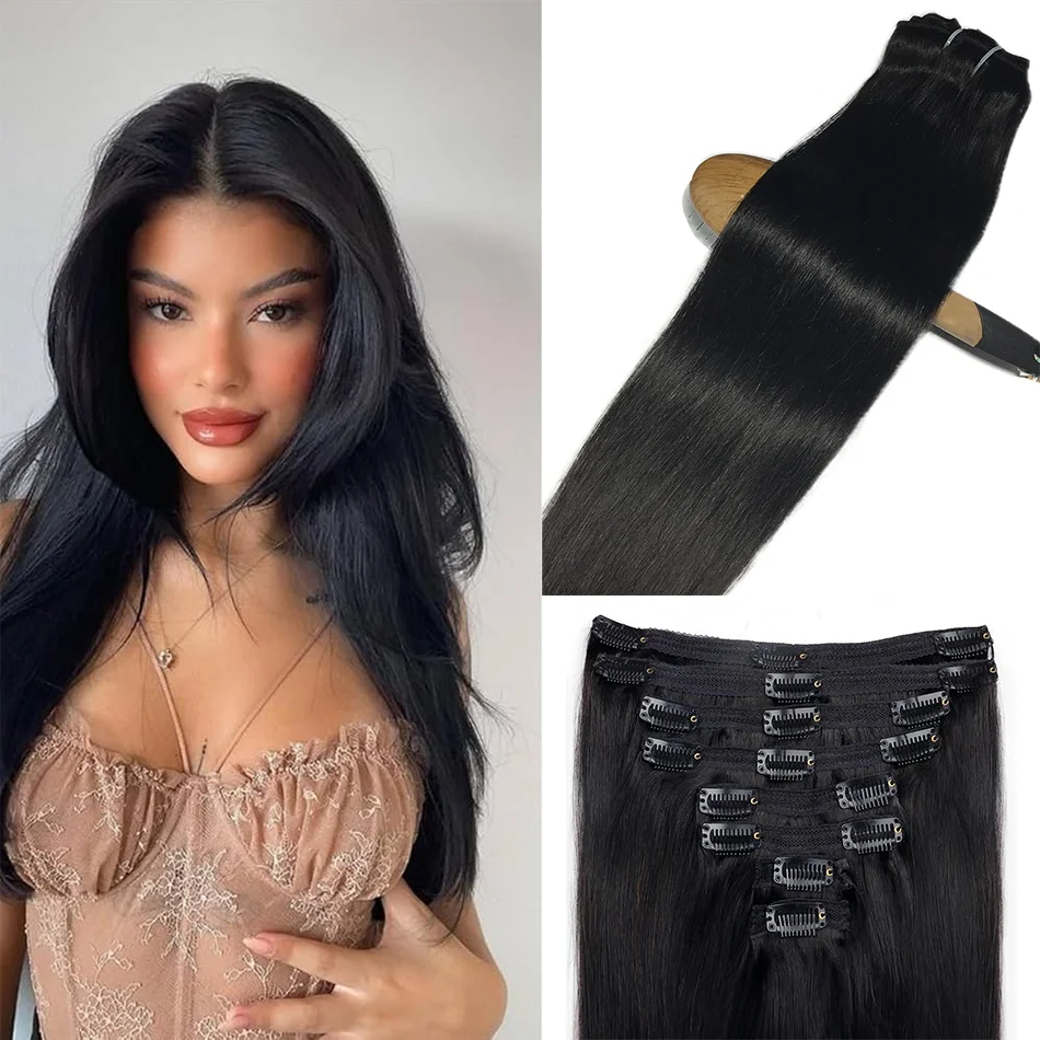 Clip In Hair Extensions 100 Human Hair Brazilian Straight Clip In Natural Black Color Clip Ins Remy Hair 24 26 Inch For Women