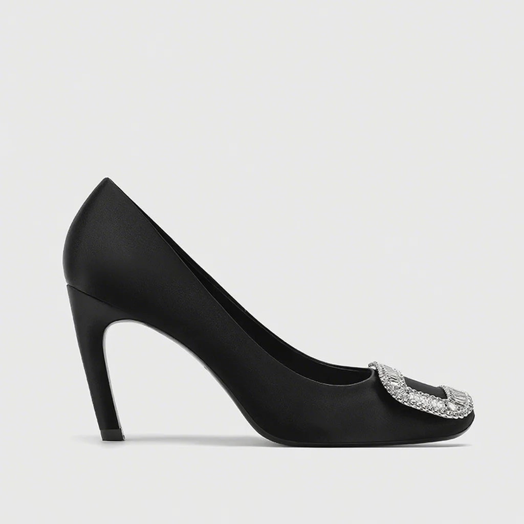 

2025 Classic Style Semi-Up High Heels Banana Heel Silk Satin Diamond Embellished round Toe Sexy Single Shoes for Women Wedding S