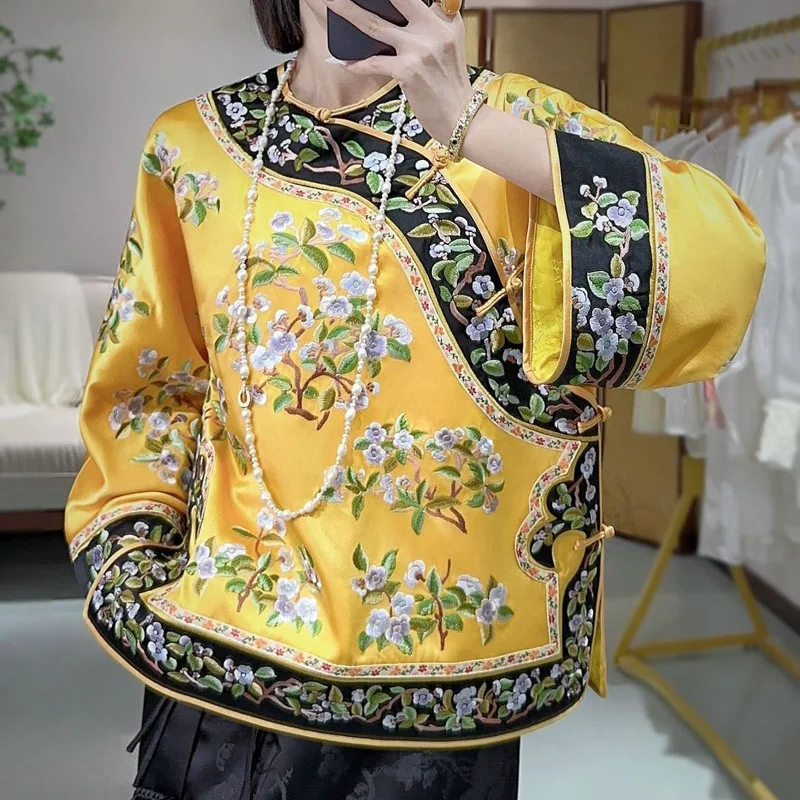 High-end Autumn Women Acetate Top Retro Embroidery Camellias Elegant Lady Loose Coat Palace of the Qing Rulers S-XXL