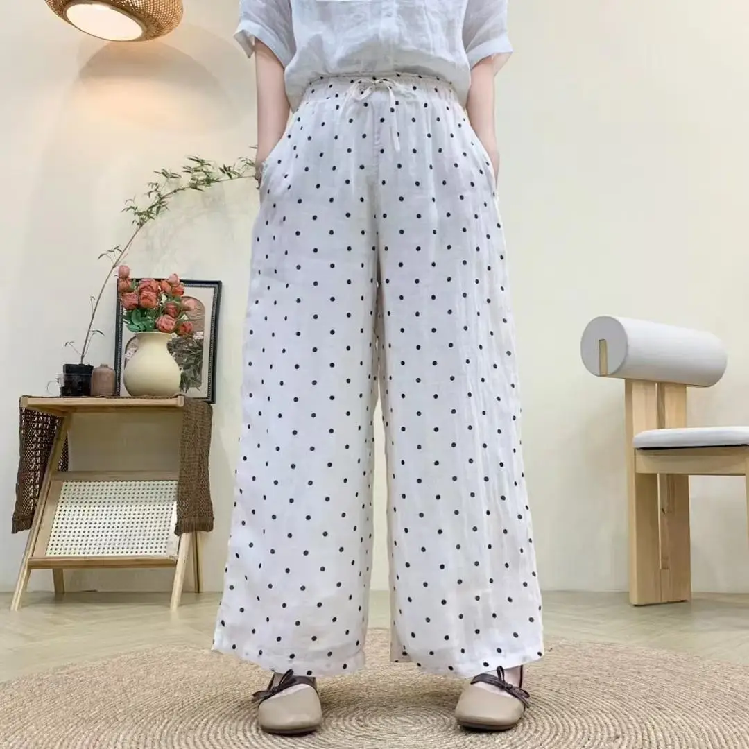 

Double Layer Pure Hemp Polka Dot Casual Pants Women's Elastic Waist Corded Waist Loose Straight Leg Drapey Wide Leg Long Pants