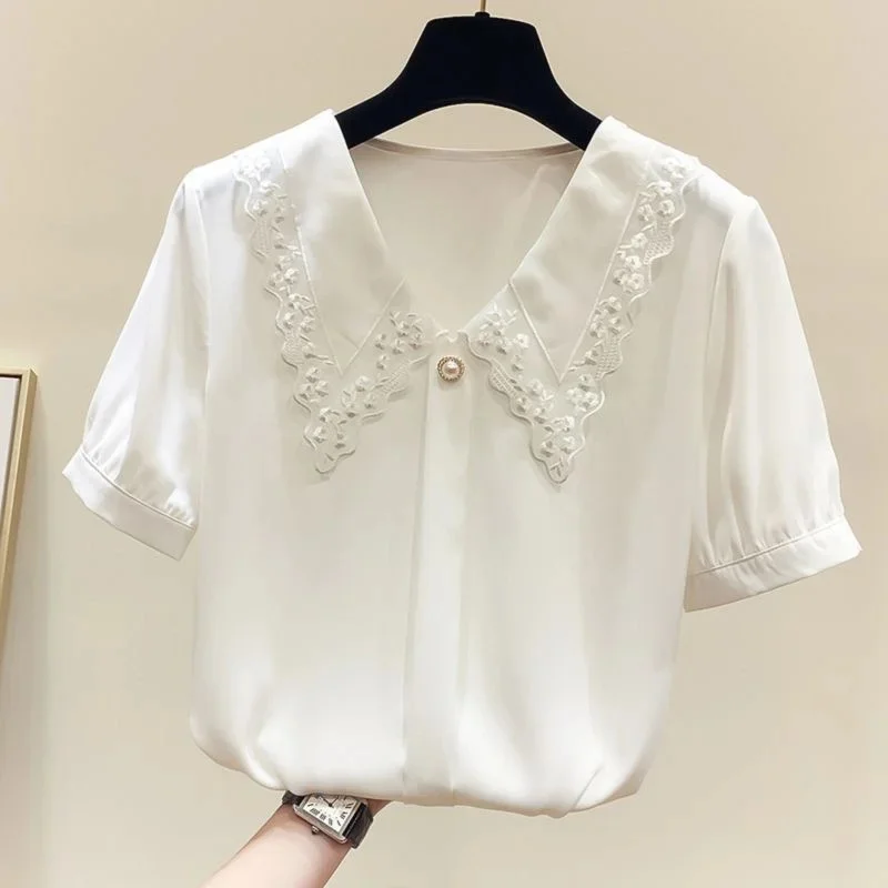 Women Spring Summer Style Blouses Shirts Lady Casual Short Sleeve Peter Pan Collar Blusas Tops