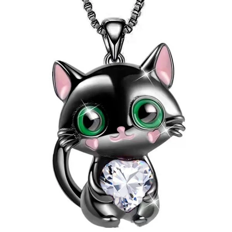 Fashion Creative Black Cat Necklace Heart Crystal Pendant Engagement Necklaces for  Women Animal Jewelry Party Anniversary Gift