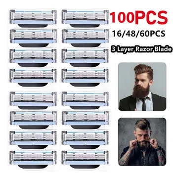 질레트 마하 3 수동 면도날 교체 리필 블레이드, 스테인리스 스틸 블레이드 샤프 3 레이어 안전 면도기, 100 개, 60 개, 16 개 