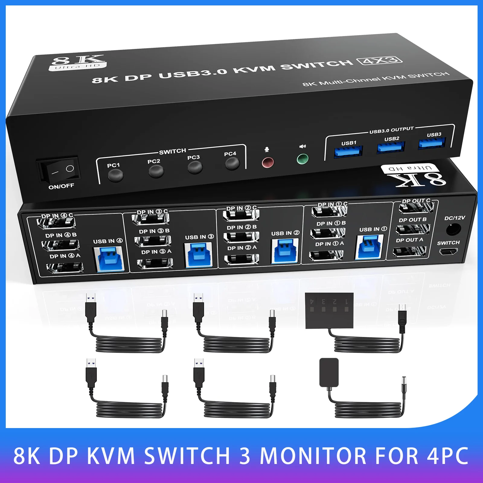 8K USB3.0 Displayport KVM Switch 3 Monitors 4 Computer, DP1.4 Triple Monitor Keyboard Switcher with Audio Microphone for 4PC