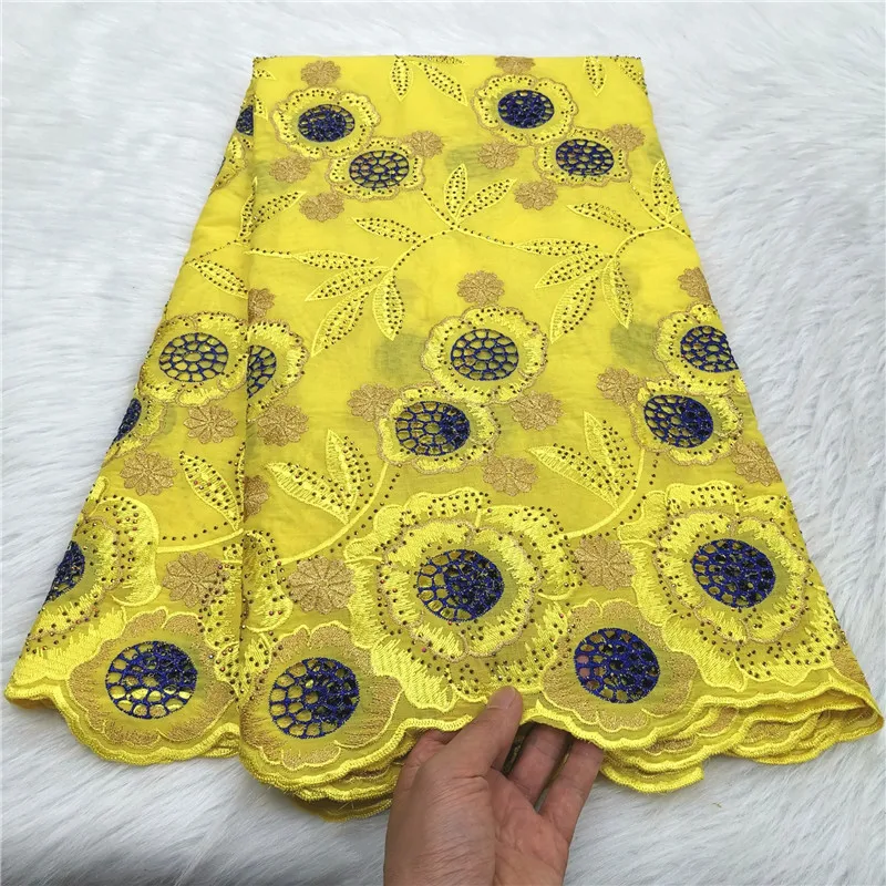 

African Swiss Voile Lace Fabric, Yellow Embroidered, 100% Cotton, High Quality, Luxury, Dry, 5 Yards, 2023, New Arrival