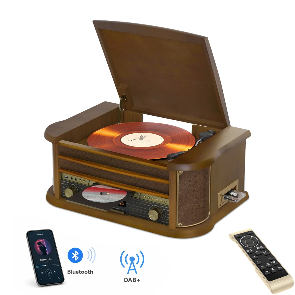 Vintage Vinyl Record Player with Built-in Speakers CD Cassette and  Wireless Streaming