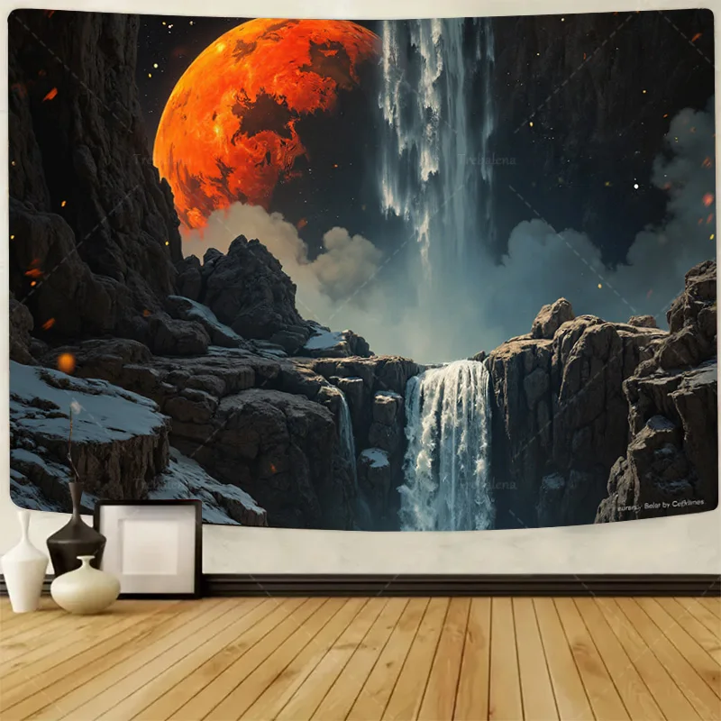 

1pc Wall Tapestry "Mystic Waterfall & Crimson Moon Tapestry - Fantasy Landscape Wall Art"
