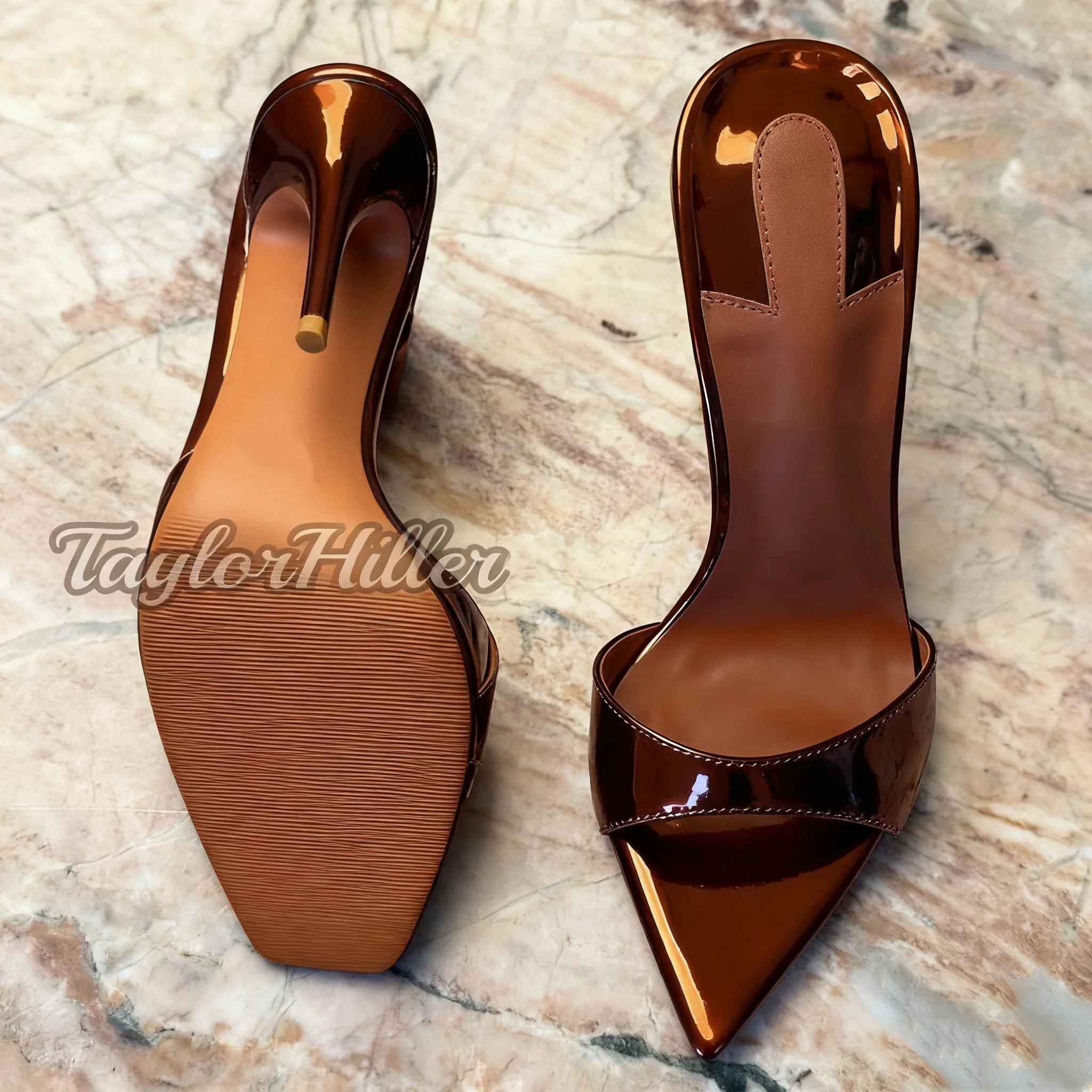 Classic Golden Metallic Leopard Print Mule Slippers Black White Office Lady Pointy Toe Outer Slides High Heels Slip On Shoes