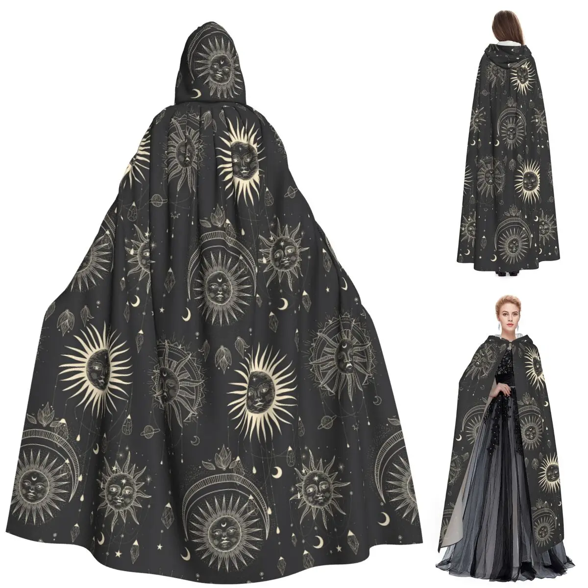 

Бохо Золотой Полумесяц и Солнце Ведьма Длинный Плащ С Капюшоном Ведьма Средневековый Костюм Косплей Накидка ХэллоуинВечеринка Для Взрослых Унисекс