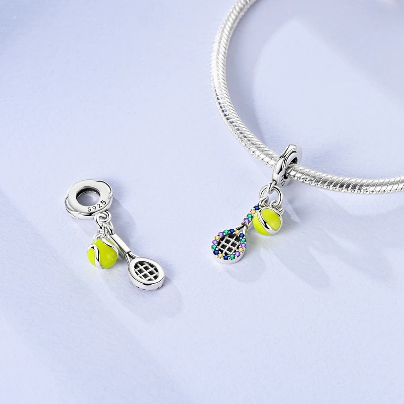 

925 Sterling Silver Colorful Tennis Rackets Tennis Charms Pendant Fit 3mm Original Bracelet DIY Women Anniversary Jewelry Gifts