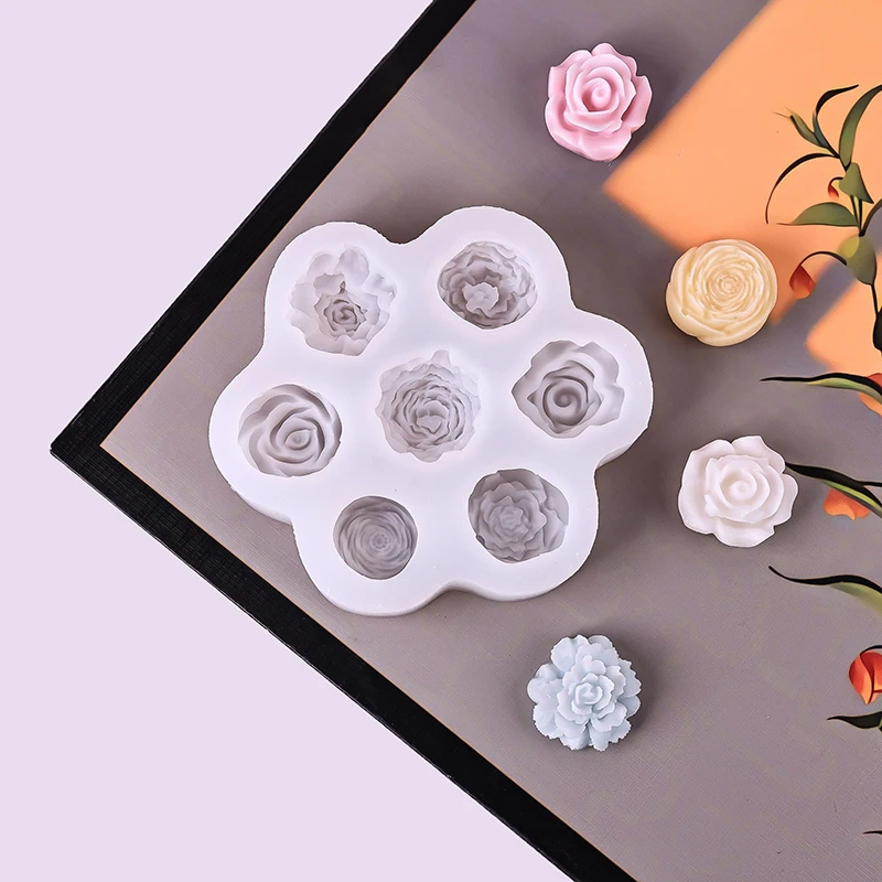7-in-1-Blumen-Silikonformen zum Backen von 3D-Rosen und Pfingstrosen, Schokoladenkuchen, handgefertigten Kerzen, Seifen und Kunsthandwerk aus Gipsharz