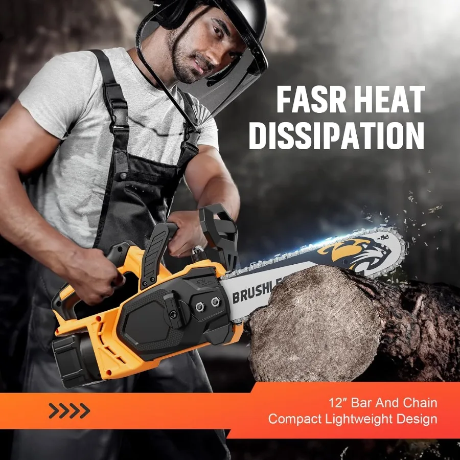 12インチ電動チェーンソー、バッテリーパック2個付き - 軽量ハイパワー20Vコードレスチェーンソー、木材切断、木の剪定用