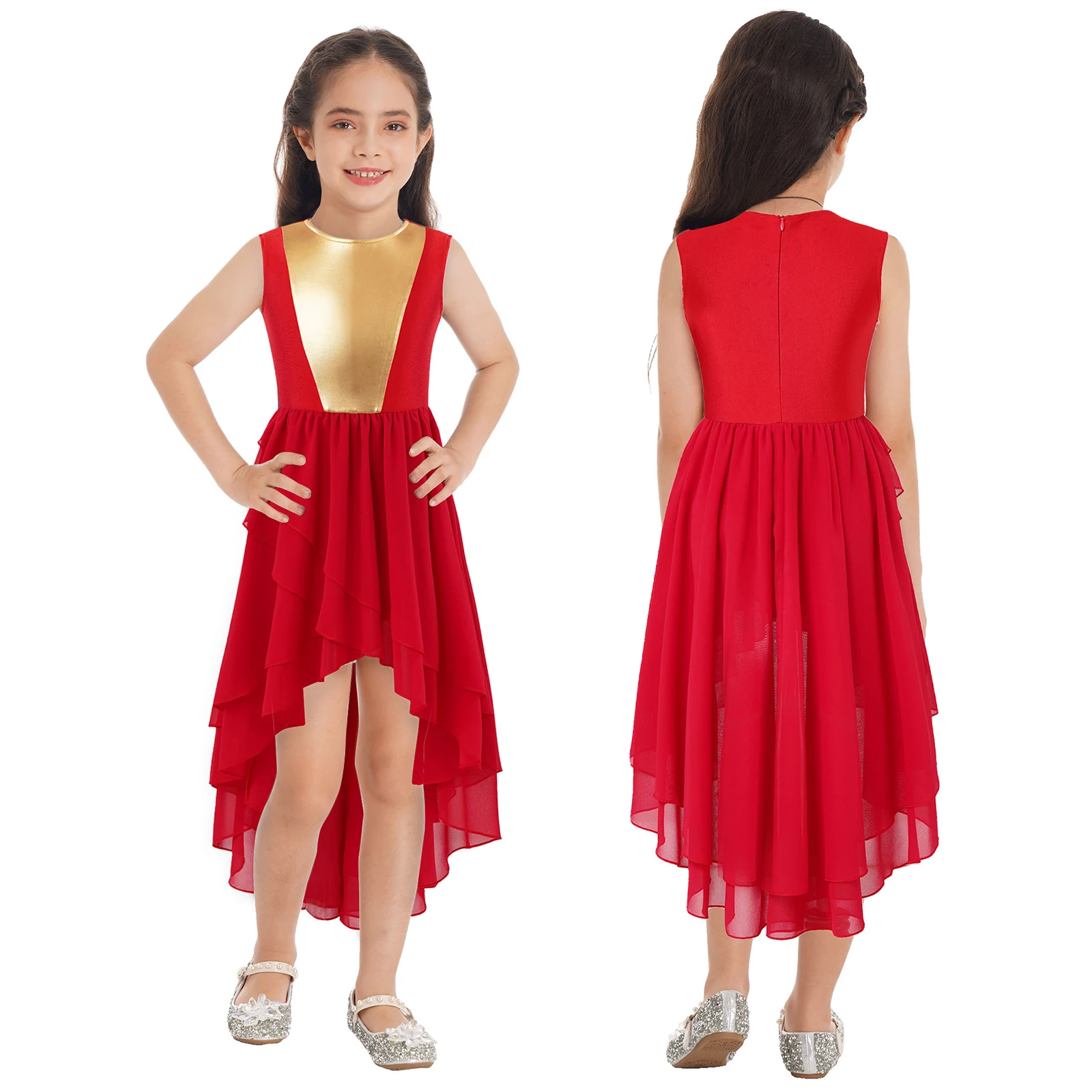 Teen Girls Lyrical Dance Dress Church Choir Praise Worship Performance Costume Sleeveless High-Low Hem Leotard Dresses Dancewear