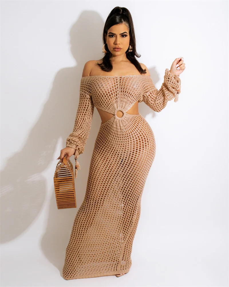 Long Sleeve Hollow Out Crochet Bikini Cover Up, Sexy Backless Swimsuit Beach Knit Dress Sarong, Summer Women Swimwear Female