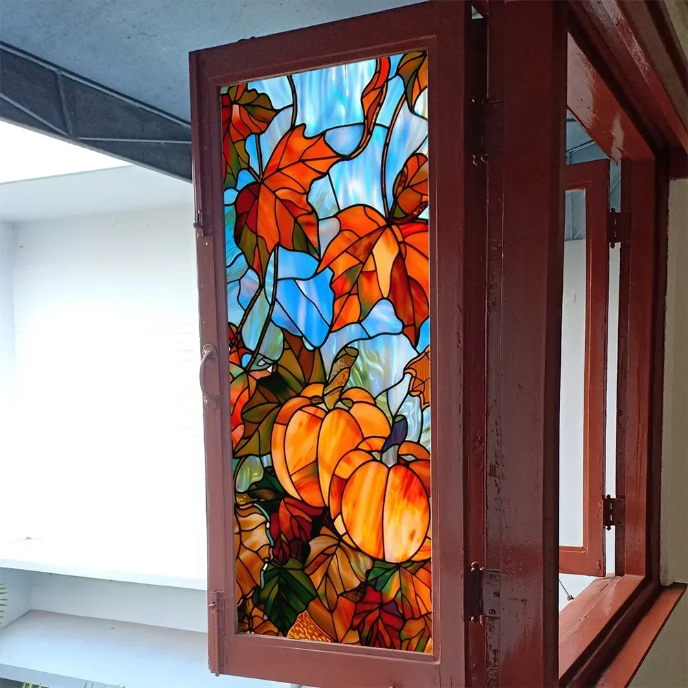 Autumn Pumpkin & Maple Leaf Stained Glass Film: Privacy & Decor For Fall Fall Pumpkin Maple Leaf Electrostatic Stickers Wall