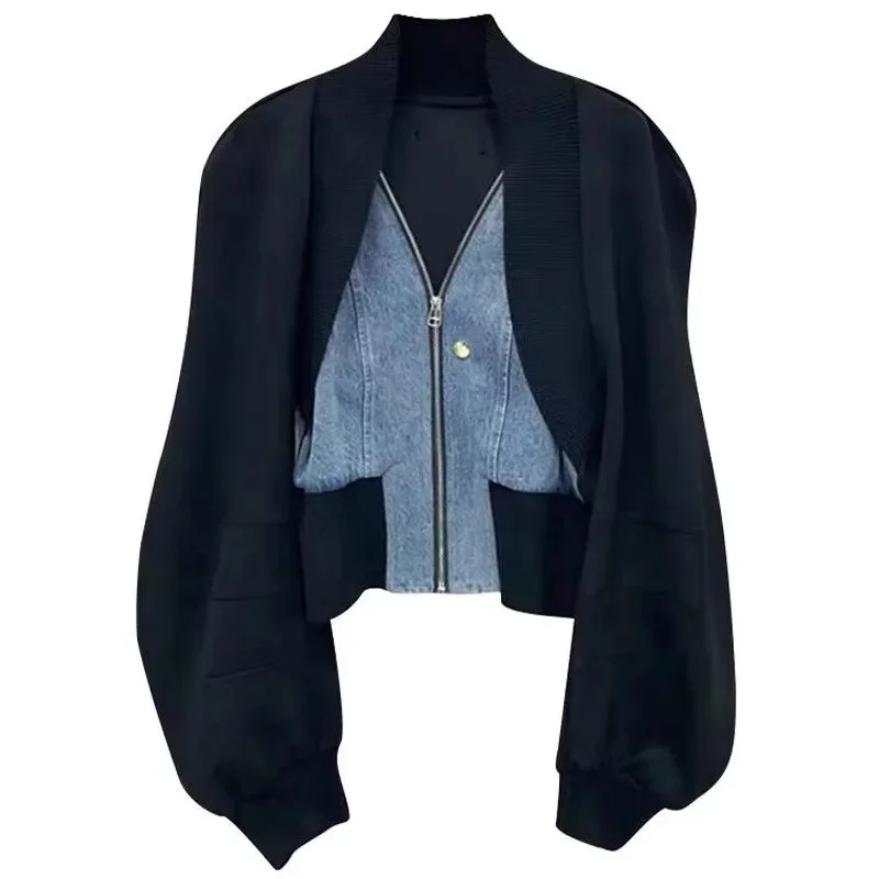 

NEW Women's Spring And Autumn Spice Girl Fake Two Cardigan TopsBlack Denim Stitching Long-Sleeved Short Coat