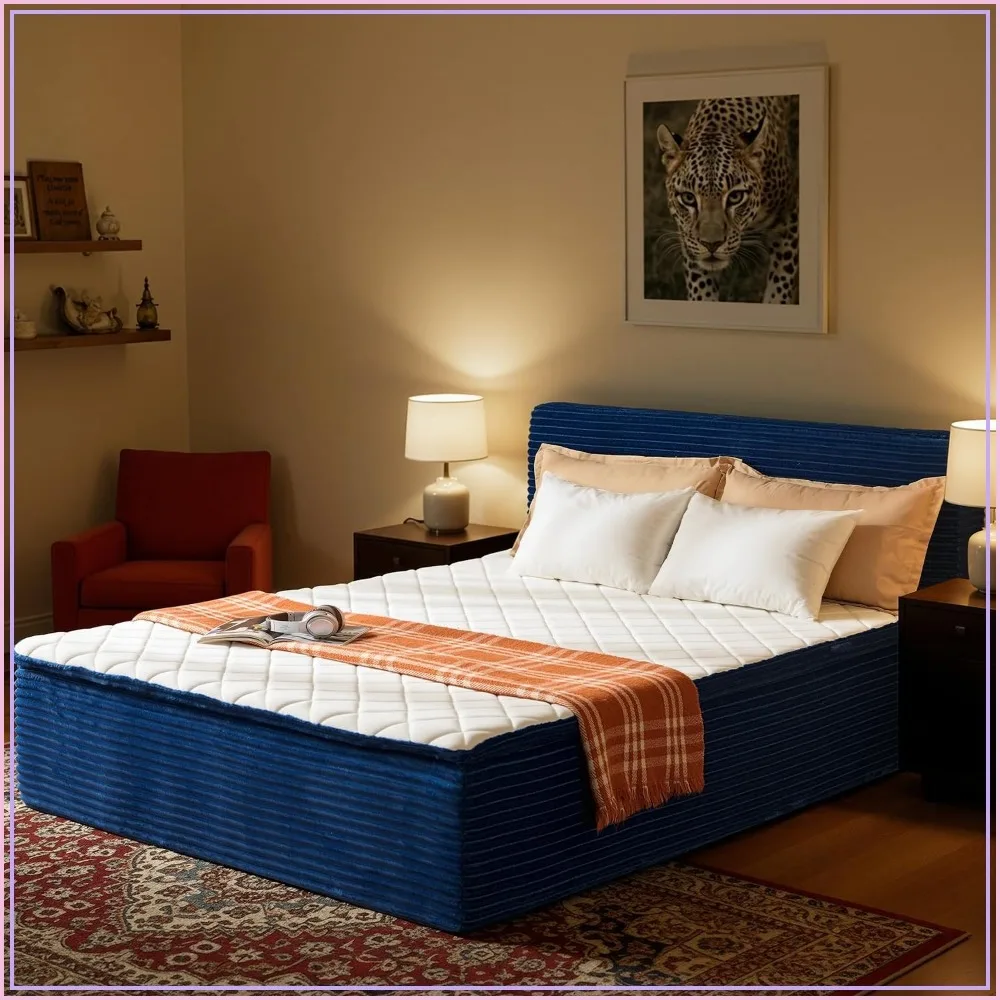 Queen Boneless Bed Frame Headboard Mattress Set Blue