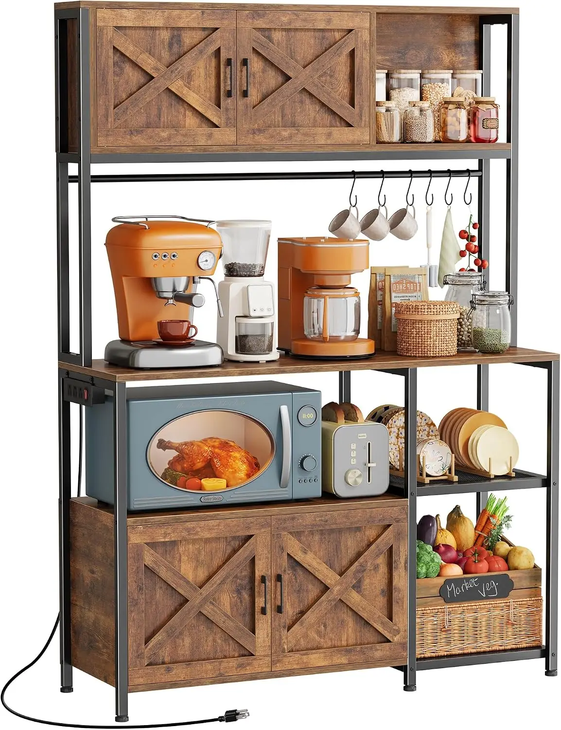 Large Bakers Rack With Power Outlet Kitchen Microwave Stand Cabinets Coffee Bar Table Station Storage 6 SShaped Hooks Mesh Shelv