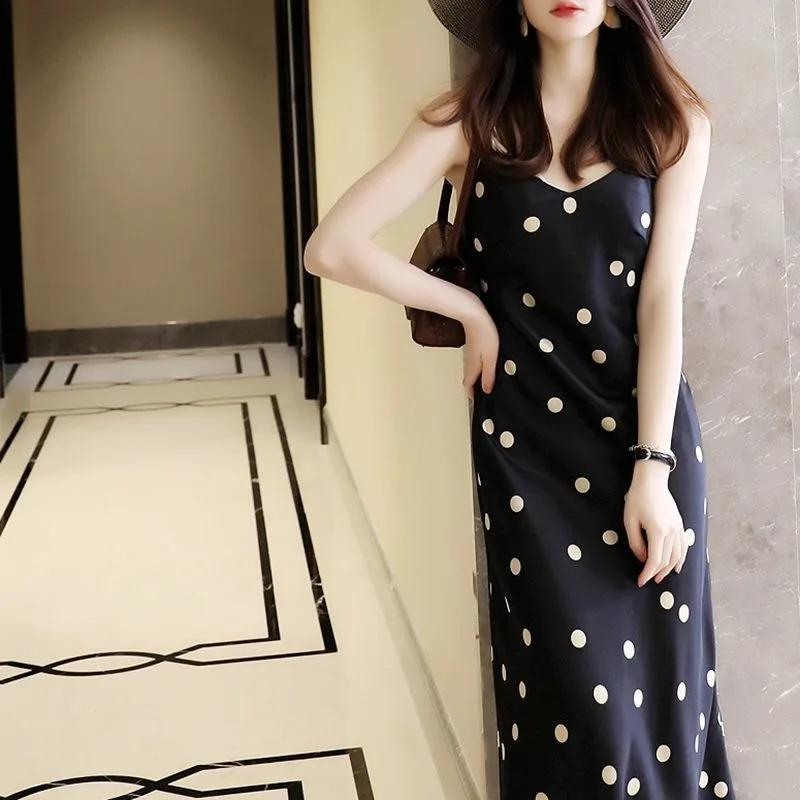 Japanese Series Light Luxury Feminine Slip Dress Female Summertime MIDI Style Look Slimmer Color Contrast Polka Dot Base Skirt