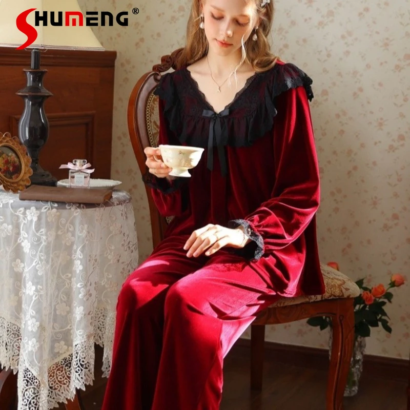 

Французская бархатная пижама «Принцесса» для женщин: осенне-зимний комплект с длинными рукавами и брюками, теплый, свободный, уютный домашний костюм для сна