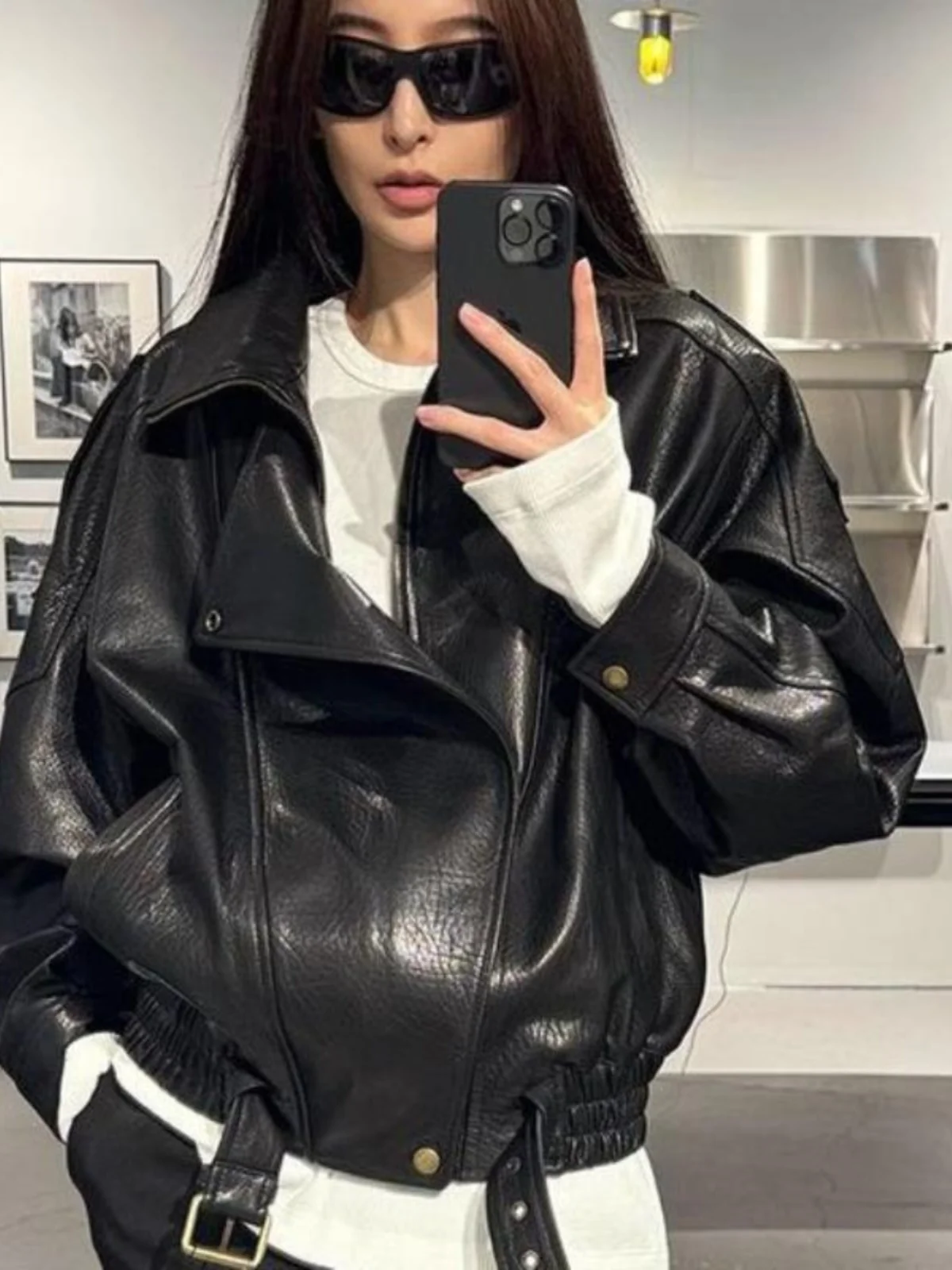 

Haening High-End Biker Jaet Women's Sensual Loose Leather Coat Slimming Top Spring Autumn New Sle Faionable Outerwear