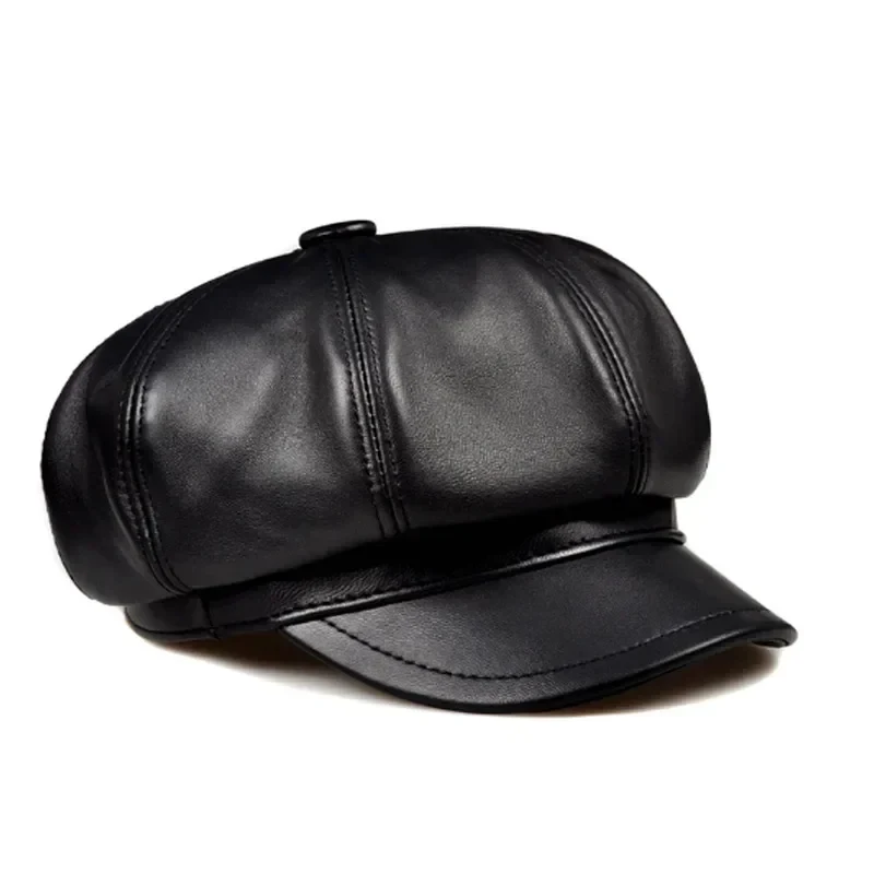 Retro Real Leather Hat Women's Sheepskin Leather Beret Casual Fashion Student Tongue Cap Snapback Caps for Men Octagonal Hat