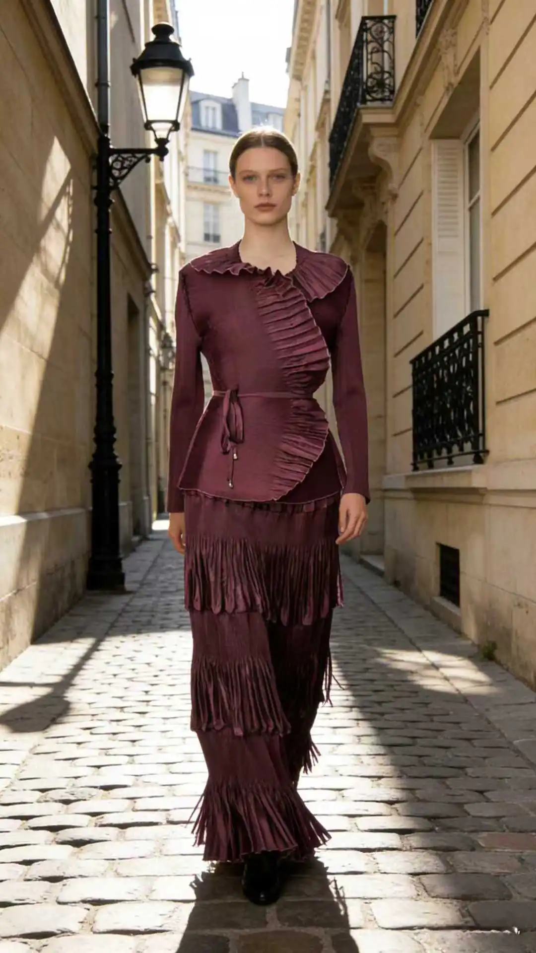 

Miyake плиссированный 2026, весенне-осенний нишевый новый элегантный комплект, однотонный плиссированный модный элегантный комплект из двух предметов с рюшами на шнуровке